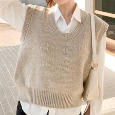 Women's Sleeveless Crewneck Knitted Tank Top - Maple Collared Shirt With Vest, Vest Top Styling, Outfits With Knitted Vests, Vest Outfits With Skirts, Shirt Vest Outfits For Women, Round Neck Vest Outfits, Sleeveless Vest Outfits For Women, Styling Vests Women, Beige Vest Outfits For Women