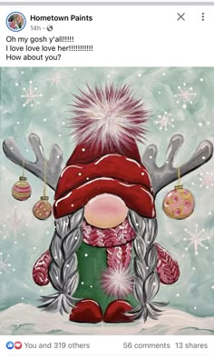 an image of a painting of a gnome with christmas decorations on his head and antlers