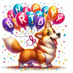 a happy birthday card with a corgi holding balloons and streamers in the air