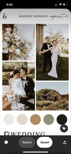 the wedding color scheme is shown in black, white and green tones with an image of a bride and groom