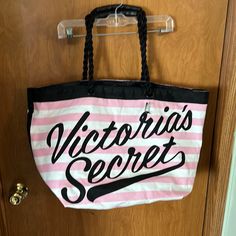 Victoria’s Secret Bag Nwt Large Bag Pink And White Stripes With Black Lettering And Trim Rope Handles Great Overnight Or Beach Tote Victoria Secret Shopping Bag, Pink Cooler, Victoria Secret Jeans, Garden Tote Bag, Gold Tote Bag, Cooler Tote Bag, Victoria Secret Tote Bags, Satin Bags, Pink And White Stripes