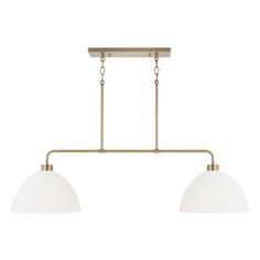 two light brass pendant with white glass shades