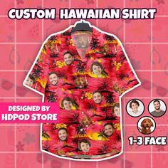 Introducing our exclusive Hawaiian shirt - The design of the Hawaiian shirt takes inspiration from the lively and playful atmosphere of the beach, featuring a Beach Red Funny Hawaiian theme. The design incorporates elements such as beach-related icons, palm trees, waves, and vibrant colors to create a fun and energetic look. The main focus of the design is the customization feature, allowing individuals to add their preferred logos for men, women, and even pets. This customization option adds a Summer Hawaiian Shirt With Custom Print, Custom Print Hawaiian Shirt For Summer, Red Hawaiian Shirt For Summer Beach, Red Summer Hawaiian Shirt For Vacation, Red Summer Camp Shirt For Vacation, Summer Red Camp Shirt For Vacation, Summer Vacation Red Camp Shirt, Red Relaxed Fit Hawaiian Shirt For Vacation, Red Beach Shirt For Summer