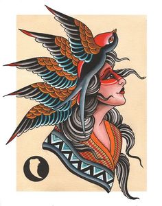 a woman's face with birds on her head and the letter q below it