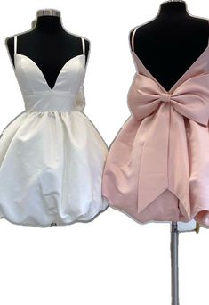 Elegant White Bubble Dress For Party, Backless Party Dress With Bow, White Satin Backless Party Dress, White Satin Backless Dress For Party, Elegant Pink Bubble Dress For Party, White V-neck Homecoming Dress, White Satin Dress For Homecoming, Fitted Dress With Bow For Prom, Prom Season Party Dress With Bow