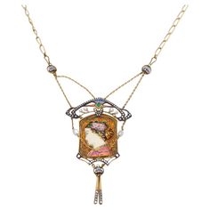 A unique 18K Gold Pendant Necklace takes its inspiration from the great Art Nouveau designs with a twist of Asian influence. Incorporating Pearls, Diamonds, fine colored Enamel. 18K gold pendant with a unique design, fine quality enamel work, old cut diamonds, and pearls embedded around the central pendant. Stamped 750 (18K Gold) A true homage to the wonderful Art Deco times, demands special outfit and attention, a future classic, its value will be sure to rise as time goes by. It is a perfect item both for a fine jewelry collection and to be worn for special occasions. Well, worth a jewelry collection. Weight: 1.6 oz (46 gr) Length top to bottom with chain: 30 cm (11.8 inches) The length of the chain: is 40 cm (15.7 inches) Diamonds And Pearls, Art Nouveau Design, Fine Jewelry Collection, Gold Enamel, Drop Necklace, Gold Pendant Necklace, Gold Pendant, Art Nouveau, Diamond Cuts