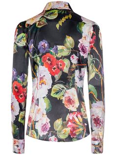 Front button closure. Button cuffs. All over print placement may vary. Model is wearing a size40 Flower Print Shirt, Satin Flowers, Print Placement, Shearling Jacket, Ski Wear, Swimwear Tops, Cloth Bags, Flower Prints, All Over Print