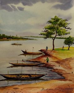 watercolor painting of boats docked on the shore