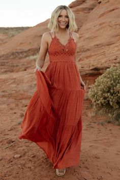 Summerlin Lace Top Maxi Dress | Rust Casual Maxi Dress Outfit, Moh Dress, Boho Sundress, Baltic Born, Tiered Maxi Skirt, Flowy Maxi Dress, Rust Dress, Maxi Styles, Boho Lace