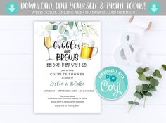 a beer themed bridal party with greenery and two glasses of beer on the table