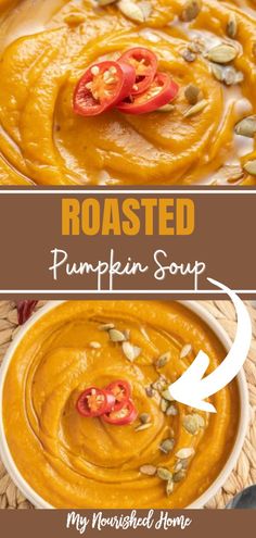 roasted pumpkin soup in a white bowl on a woven place mat with text overlay