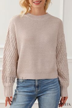 Ebeek - Cozy Drop Shoulder Cable Knit Sweater Beige Soft Knit Top For Winter, Winter Soft Knit Beige Top, Cozy Cable Knit Cropped Sweater For Winter, Cozy Cable Knit Long Sleeve Top, Cozy Long Sleeve Cable Knit Top, Cozy Cable Knit Top For Winter, Beige Soft Knit Cropped Sweater, Beige Cropped Soft Knit Sweater, Cozy Cable Knit Cropped Sweater