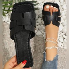 Sandals Size 7 Work Sandals, Women Flat Sandals, Womens Slides Sandals, Black Slippers, Summer Flats, Womens Slides, Slides Shoes, Womens Sandals Flat, Open Toe Sandals