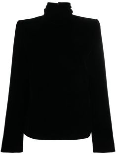 black silk velvet finish high neck shoulder pads rear button fastening long sleeves straight hem full lining Velvet Blouse, Versace Outfit, Velvet Blouses, Iconic Bags, Demi Fine Jewelry, Silk Velvet, Ballet Flat Shoes, Jersey Top, Blouse Black