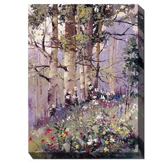 a painting of trees and flowers in the woods