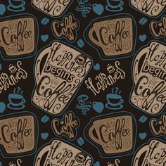 seamless pattern with coffee cups and words on black background illustration for wallpaper or wrapping paper