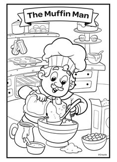 the muffin man is cooking in the kitchen coloring pages for kids to print and color