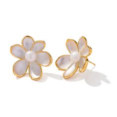 The design features a beautifully sculpted flower, approximately an inch in size, meticulously crafted from durable stainless steel in a pristine white hue, offering both durability and a pristine aesthetic. The lustrous pearl at the center of each flower adds a touch of classic elegance, elevating these earrings to a must-have accessory for any occasion. Whether you're dressing up for a formal event or adding a hint of refinement to your everyday attire, these stud earrings effortlessly blend style and versatility. Radiate grace and poise with our earrings, and let their timeless beauty become a cherished addition to your jewelry collection. Cheap Nickel-free Gold Flower Earrings, Luxury Delicate White Flower Earrings, Cheap Vintage Flower Earrings, Cheap White Flower-shaped Earrings, Cheap Hypoallergenic White Flower Earrings, Affordable Gold Nickel-free Flower Earrings, Cheap Gold Nickel-free Flower Earrings, Cheap Nickel-free Round Flower Earrings, Chic Cheap Gold Flower Earrings