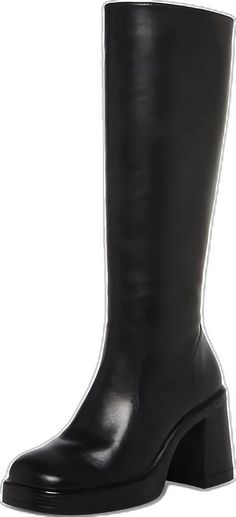 SOVANYOU Black Leather Boots Platform Boots for Women Square Toe Chunky Block Heeled Boots