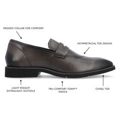 Slip your foot into the Zenith casual loafer from Thomas & Vine for an experience you'll always remember. Their asymmetrical design and genuine leather will make this shoe stand out from the rest attracting compliments from every direction. Their 12 mm Tru Comfort Foam� insole ExtraLight� outsole and cushioned collar tongue will keep you comfortable time and time again. Gray Leather Loafers With Rubber Sole, Gray Round Toe Loafers For Formal Occasions, Gray Leather Slip-ons, Gray Leather Formal Loafers, Formal Gray Leather Loafers, Gray Leather Slip-on Loafers, Gray Leather Loafers For Formal Occasions, Shoe Stand, Thomas Vines