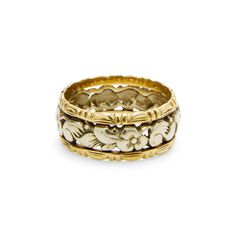 Antique 14K Yellow Gold Flower Engraved Wedding Band | Fred Leighton Antique Yellow Gold Engraved Carved Ring, Antique Carved Yellow Gold Engraved Ring, Antique Carved Engraved Yellow Gold Ring, Antique Style Carved Engraved Yellow Gold Ring, Victorian Gold Engraved Ring With Decorative Band, Victorian Yellow Gold Etched Rings, Victorian Etched Yellow Gold Rings, Traditional Engraved Yellow Gold Ring, Ornate Yellow Gold Jewelry With Decorative Band