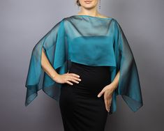 A very elegant and classical capelet for your wedding dress, evening dress or party outfit made of the finest chiffon  Color: peacock (other colors are available)  Size: unique (fits all), but if you have any doubts, please contact me. WE have matching bags in our Etsy Shop! WE accept credit cards! Luxury Silk Cape For Formal Occasions, Formal Wraps And Shawls, Cover Up For Dress Formal, Pupletulle Cape Dress, Elegant Evening Capelet With Cape Sleeves, Chic Evening Capelet With Cape Sleeves, Pancho Outfit, Elegant One-size Cape Shawl, Wedding Capelet