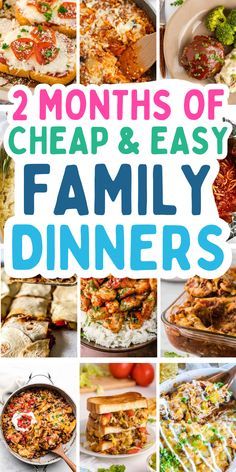 the cover of two months of cheap and easy family dinners, with pictures of different dishes