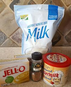 ingredients to make an easy homemade ice cream recipe sitting on a kitchen counter next to a bag of milk