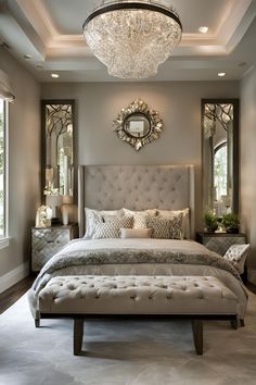 a large bed sitting in a bedroom under a chandelier