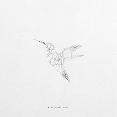 a drawing of a hummingbird flying in the sky with flowers on it's back