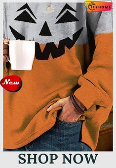 Halloween Casual Sweatshirt Spooky Long Sleeve Halloween Tops, Halloween Crew Neck Sweater, Orange Crew Neck Top For Winter, Spooky Halloween Crew Neck Sweater, Orange Letter Print Sweatshirt For Winter, Casual Orange Tops For Halloween, Spooky Orange Crew Neck Top, Spooky Long Sleeve Sweatshirt For Fall, Spooky Long Sleeve Sweatshirt For Winter