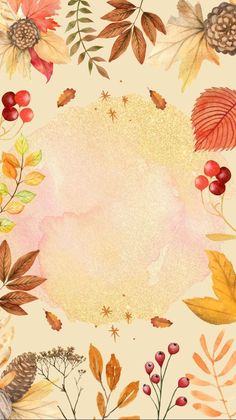 watercolor fall leaves and berries on a beige background with a pink circle in the center