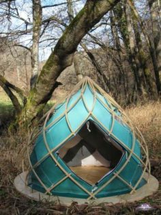 a tent in the middle of a wooded area with trees and grass around it, surrounded by branches