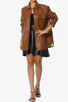 Layer up in the coated finish faux leather shirt. This outer layer can be worn open or buttoned up for extra warmth. Reaching mid-thigh and with long sleeves, you'll be effortlessly stylish every time. Wear with a crop top and denim pants, or leather bottom.Casually-cool vibe of a shirt jacket designed with an easy-to-layer snap buttoned frontPoint collar, Flap chest pockets, Curved hemLong sleeves with button cuffs, Oversized fitFits true to US size, S=Size(4-6), M=Size(8-10), L=Size(12-14), XL Leather Shirt Jacket, Leather Skater Skirts, Faux Leather Shirt, Party Fits, Free Fashion, Leather Shirt, Faux Leather Jacket, Faux Leather Skirt, Jacket Design