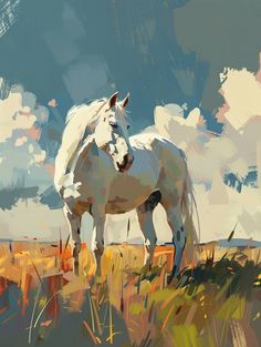 a painting of a white horse standing in the middle of a field with clouds above it