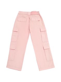 Elastic waistband. Two side pockets. Four leg cargo pockets. Two back pockets Relaxed Fit Pink Cargo Pants With Side Pockets, Pink Cotton Cargo Pants With Pockets, Pink Streetwear Bottoms With Cargo Pockets, Pink Cargo Pocket Cotton Jeans, Mid-rise Pink Cargo Pants With Pockets, Cotton Cargo Pants, Four Legged, Pink Girl, Cargo Pants