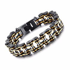 Black & Gold heavy biker chain bracelet for men by Innovato Design  Available in: Gold & Black 
Made of High Quality Titanium 
Brand: Innovato Design   Innovato offers 30 days to return no question asked and 365 days full guarantee of all products. Enjoy fast support and 100% satisfaction with each order. Here some additional pictures of the product: Black Chain Link Bracelet Gift, Durable Black Stainless Steel Chain Bracelet, Black Metal Cuban Link Bracelet As A Gift, Black Link Chain Bracelet For Gift, Black Link Chain Bracelet As Gift, Black Link Bracelets In Stainless Steel, Black Chain Link Bracelet, Black Cuban Link Bracelet As Gift, Black Metal Chain Bracelet With Jubilee Style