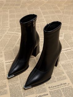 Elegant Leather Boots With Pointed Toe, Elegant Black Pointed Toe Heeled Boots, Pointed Toe Heeled Boots With 4-inch Heel, Sleek Heeled Boots With Pointed Toe, Medium Width, Black Pointed Toe Boots With 4-inch Heel, Pointed Toe Ankle Boots, Black Heel, Thick Heel, Brown Ankle Boots