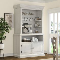 a white hutch filled with lots of coffee