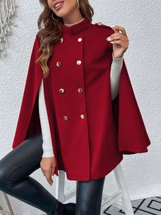 Mock Neck Double Breasted Cloak Sleeve Cape Coat Red Elegant   Fabric Plain Cape Non-Stretch  Women Clothing, size features are:Bust: ,Length: ,Sleeve Length: Coquette Dark, Cape Style, Women Outerwear, Period Outfit, Women Overcoat, Capes For Women, Cape Coat, Interview Outfit, Winter Outfits For Work