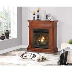 a dog laying on the floor in front of a fire place with a clock above it