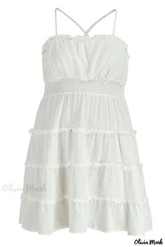 Olivia Mark - White Plus Size Womens Patchwork Spaghetti Strap Sling Dress Featuring Folded Hem Detailing Cami Sundress With Delicate Straps, White Sundress With Spaghetti Delicate Straps, Casual Mini Sundress With Delicate Straps, White Sleeveless Sundress With Delicate Straps, White Sundress Suspender Dress With Sling Shape, White Sundress With Suspender Sling, White Sundress With Sling Suspender, Casual Camisole Dress With Delicate Straps, White Cami Sundress With Straps