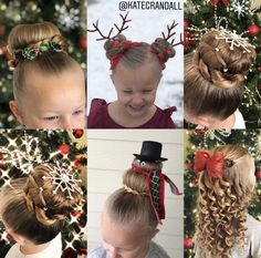 Christmas Hair Dos For Kids, Christmas Hair Buns For Kids, Reindeer Hairstyles For Kids, Crismas Hairstyles, Kids Crazy Christmas Hair, Christmas Hair Bun, Christmas Kid Hairstyles, Christmas Hairdos For Kids, Christmas Tree Hair Kids