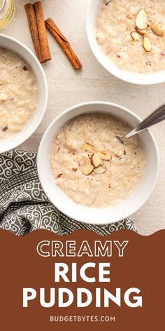 three bowls filled with creamy rice pudding