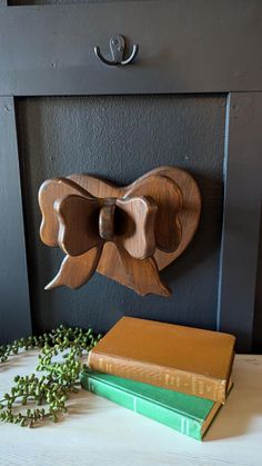 a wooden bow on the wall next to some books and planters in front of it