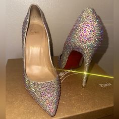 Christian Louboutin So Kate Strass 120mm Pump In “Multicolor” Ab Swarovski Crystal. Comes With Original Box And Dust Bags. With Official Professional Christian Louboutin Cobbling On The Sole To Preserve The Red Leather Paint Never Worn - Bought These For My Wedding And Wore Something Different. Never Worn Out Of A Dressing Room But Heavily Tried On With About 30 Wedding Dresses. Paid $3,000 Usd Plus Tax For These And Never Wore So Asking 2800 All I Ever Did Was Try Them On. The Kate Strass Is A Multicolor Crystal Embellished High Heels, Multicolor High Heel Wedding Shoes, Multicolor High Heels For Wedding, Formal Multicolor Heels With Rhinestones, Elegant Multicolor Rhinestone Heels, Elegant Multicolor Party Heels, Multicolor 4-inch Heels For Formal Occasions, Elegant Multicolor Wedding Heels, Glamorous Multicolor Heels For Formal Occasions