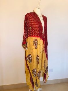 "A Unique and Truly Beautiful Silk Kimono,Duster,Robe,Wrap, Jacket. Loose and Floaty,Glittering Gold Sequins ; Perfect for Holidays and Parties. This has been Handmade from a Vintage Indian Silk Sari.... so is completely Original and Sustainable. A Wonderfully Chic and Flattering wine red and sandy gold Silk Chiffon. The Gorgeous design has contrasting embroidery allover in a Chevron and floral design,with 1000's of Sparkling Gold Sequins. This Stunning 3/4 length Jacket drapes elegantly ,with l Traditional Open Front Kaftan For Festivals, Bohemian Festive Outerwear With Zari Work, Bohemian Outerwear With Zari Work For Festive Occasions, Festive Bohemian Embroidered Kimono, Traditional Embroidered Open Front Kimono, Bohemian Embellished Dupatta For Festive Occasions, Long Embroidered Kimono For Festive Occasions, Long Embroidered Festive Kimono, Traditional Long Sleeve Sequined Kaftan