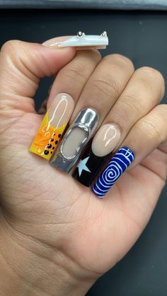 Square Junk Nails, Cool Funky Nails, All Purple Nails, Short Square Nail Designs Simple, Playboi Carti Nails, Street Style Nails, 5 Star Nails, Nails Funky, Funky Nail Designs