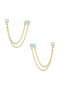 18kt gold plated or rhodium plated Brass base Available in Clear Crystal, Green Crystal, Opal and Pink Opal Surgical steel posts Elegant Dangle Cartilage Earrings With Adjustable Chain, Elegant Dangle Chain Cartilage Earrings, Formal Chain Dangle Earrings, Formal Dangle Chain Earrings, Formal Dangle Earrings With Adjustable Chain, Double Piercing Chain, Piercing Chain, Double Piercing, Crystal Green