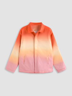 a pink and orange jacket with a white collar Relaxed Fit Multicolor Outerwear With Pockets, Multicolor Relaxed Fit Outerwear With Pockets, Oversized Orange Outerwear For Spring, Spring Oversized Orange Outerwear, Orange Long Sleeve Outerwear For Spring, Casual Multicolor Relaxed Fit Outerwear, Multicolor Cotton Outerwear For Streetwear, Relaxed Fit Long Sleeve Windbreaker For Spring, Oversized Casual Orange Outerwear